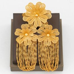 Necklace Earrings Set Tassel And Ring Jewellery For Women African Gold Colour Flower Long Cocktail Party Jewellery Gifts
