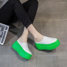 Slippers 2023 8cm Sapatos femininos Mulas de couro genuíno Gereen Branco Black Platform Sandals Slides Summer Wedge