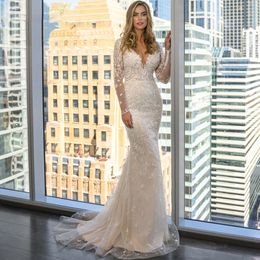 luxurious Mermaid Wedding Dresses Detachable 2 In 1 Lace Appliques With Train V-Neck Full Sleeves Bride Gowns Vestido De Novia