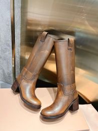 Miui Latest Fashion Show Long Boots Series Round Head Thick Sole Thick Heel Long Boots Women