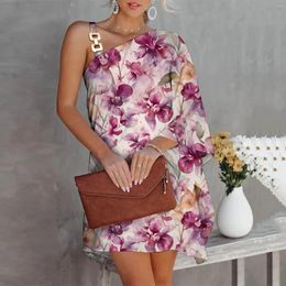 Casual Dresses Summer Dress For Women One Shoulder Half Bat Sleeve Print Loose Metal Strap Beach Sun