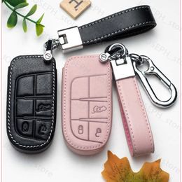 Key Rings Leather Car Key Fob Cover Case Holder Shell for Jeep Renegade Compass Grand Cherokee for Chrysler 300C Wrangler Dodge Keychains J230413