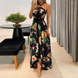 Casual Dresses Elegant Retro Print Ladies Beach Long Skirt Sleeveless High Slit Party Dress Sexy Strapless Halter Neck