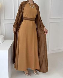 Ethnic Clothing Eid Plain Kimono Abaya With Inner Dress 2 Piece Set Striped Open Abayas For Women Dubai Turkey Arabic Muslim Islam Outfit