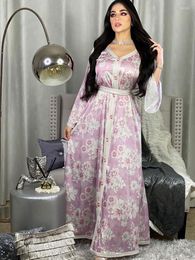 Ethnic Clothing Floral Print Arab Long Dress Jalabiya For Women Braid Trimmings Belted Moroccan Caftan Muslim Abaya Islam Dubai Kaftan