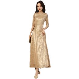 New Evening Dress A-line Floor Length Robe De Soiree Half Sleeve Women Party Dresses V-neck Sequin Evening Gown