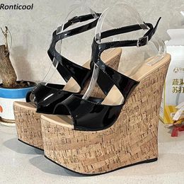 Sandals Ronticool Handmade Women Summer Wedges High Heels Peep Toe Elegant Black Dress Shoes US Plus Size 4-15