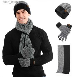Hats Scarves Sets 3 Pcs Winter Warm Beanie Hat Long Scarf Touchscreen Gs Set Windproof Soft Mitten for Men Women- BlackL231113