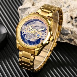 Wristwatches Luxury Golden Watches For Men Quartz Men's Wristwatch Transparent Imitation Mechanical Horizontal Dial Gold Strap Folding