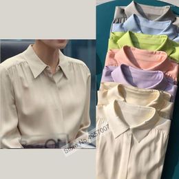 Women's Blouses Ladies High-end Main Silk Lapel Long Sleeve Shirred Detail Blouse Shirt Top - Multi-color Optional