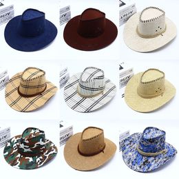 Western Cowboy Hats Travel Jazz Straw Hat Retro Knight Hat Outdoor Camo Sun Visor Wide Brim Hats Summer Prairie Tourism Equestrian Riding Camping Hiking Cap BC601