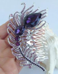 Hair Clips Charming 4.33" Purple Rhinestone Crystal Peacock Feather Comb Wedding Headpiece FSE05038C2a