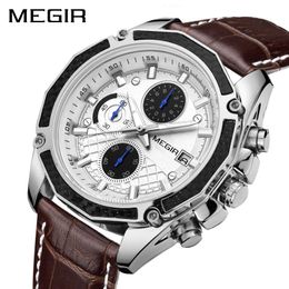 2023 MEGIR Official Quartz Men Watches Fashion Genuine Leather Chronograph Watch Clock for Gentle Men Male Students Reloj Hombre