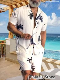 Men's Tracksuits Summer Beach Wear Clothes Men Hawaiian Shirt Set 2 Piece Outfit Button Up Shirts Coconut Tree Printed TShirts Vacation 230413