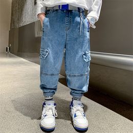 Jeans Boys Cargo Pants Kids Blue Trousers Spring Autumn Sports Jeans Big Children Korean Casual Clothes 5 6 8 9 10 12 14 Years Old 230413