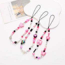 DIY Cell Phone Case Charm Chain Anti-Lost Wrist Straps Handmade Bracelets Acrylic Lanyard Butterfly Keychain Beaded Colourful Hanging Cord Universal