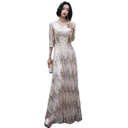 Gold Champagne Sparkle Evening Dresses Long Sequined A-Line V-Neck 3/4 Sleeves Formal Dresses Robe De Soiree