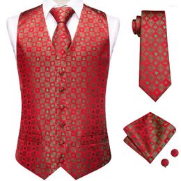 Men's Vests Red Gold Silk Mens Christmas Necktie Hanky Cufflinks Sets Jacquard Waistcoat Jacket For Male Business Party Hi-Tie