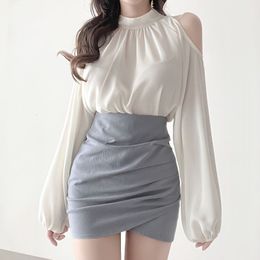 Two Piece Dress SpringSummer 2023 Off Shoulder2 Set Women Long Sleeve Blouse Mini Skirts Fashion Suit Office Lady Korean 230413
