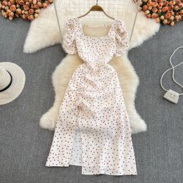 Casual Dresses Summer Women Beach Dress Fashion Square Collar Drawstring Puff Sleeve A-line Dresses Mid Length Slit Polka Dot Frock For Party230413