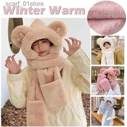 Hats Scarves Sets Cute Bear Hat Gs Scarf Three-piece Suit Women Fashion Thickened Plush Warm Scarves Sets Autumn and Winter for Child FemaleL231113