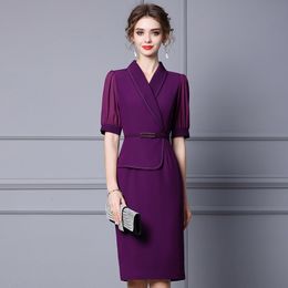 Casual Dresses Wine Red Dress Woman summer high-end mature temperament belt slimming below the knee dresses230413