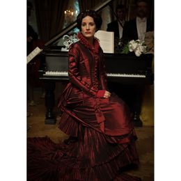 Vintage Victorian Evening Dresses Burgundy Taffeta Couture Steampunk Prom Masquerade Dress For Women Pleats Tiered Long Sleeves Corset Special Occasion Gowns