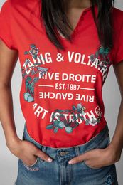 2024ss Zadig Voltaire Classic Letter Print Tees Flower Embroidery Tshirt u Neck Short Sleeve T-shirt Women Designer Tops Polo High quality 520889