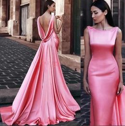 Pink Mermaid Evening Party Dresses Backless Prom Dresses Evening Gowns Celebrity Dress Sweep Train Arabic Open Back