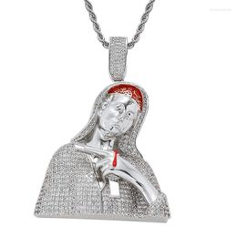 Pendant Necklaces Hip Hop Iced Out Crystal Bloody Virgin Mary Necklace With Long Stainless Steel Chain Rapper Christian Jewellery