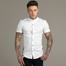 Mens Casual Shirts Summer Men Fashion Short Sleeve Solid Shirt Slim Fit Male Social Business Dress Shirt Brand Mens Gym Fitness Sports Clothing 230413