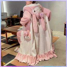 Women's Sleepwear Femme Ears Warm Kawaii Korean Homewear Nightgowns Velvet Thick Nightdress Coral Winter Pocket Women Sleepshirts