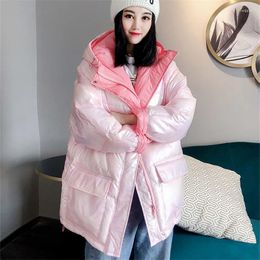 Women's Trench Coats Winter Thick Warm Loose Mid Length Hooded Big Pocket Cotton Padded Coat Women Korean Fashion Pink Parkas Jacket Female