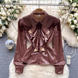 Women's Blouses Chic Vintage Modern Biker Style PU Leather Shirts Autumn Long Sleeve Ruffles Single-Breasted Black Tops