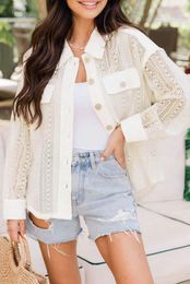 Women's Blouses Beige Lace See-through Button Collared Shacket Shirts Female Harajuku Mujer Top Outfit