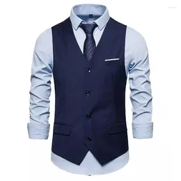 Men's Vests Suit Vest Business Formal Dress Waistcoat Tuxedo For Men Navy Blue Blazer V-Neck Single Breasted 3 Pockets