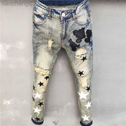 Men's Jeans High Quality Men Jean Hole Patch Fashion Versatile Ripped Jeans Stretch Pencil Pant Streetwear Elastic Hip Hop Star Pattern Jean W0413