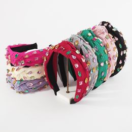 Waffle Knit Heart Crystal Top Knot Headband Full Colorful Rhinestone Hairbands Tiara Hair Accessories For Women Adult Jewelry