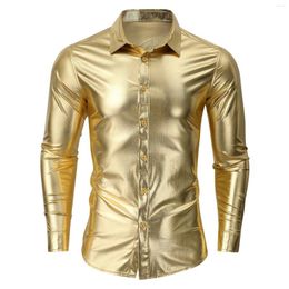 Men's Dress Shirts Luxury Metallic Gold Shiny Retro 70's Disco Nightclub Prom Clothing Trend Party Banquet Wedding Chemise Homme