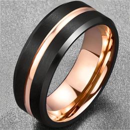 Wedding Rings Fashion Rose Gold Colour Stainless Steel For Men Black Brushed Bevelled Edge Engagement Band Jewellery