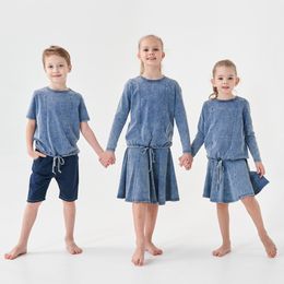 Family Matching Outfits kids boys girls loose top skirt spring summer acid washed family matching clothing children fashion casual set and top clothes 230412