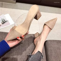 Slippers Women Pointed Toe High Heel Sneakers Fashion Shallow Patchwork Suede Square Female Shoes 2023