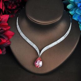 Necklace Earrings Set Fashion Big Pink Water Drop Cubic Zircon Stone Sets Women Wedding Bride Dress Accessories Party Show N-565