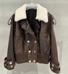 Women's Leather Women Clothes Autumn Winter Luxurious Short Jacket Real Wool Collar Double Breasted Sheepskin Casual Coat