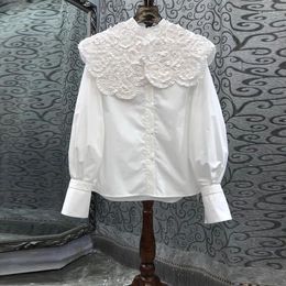 Women's Blouses Women Cotton Blouse 2023 Autumn Female Flower Shawel Detachable Stand Collar Single Breasted Long Sleeve Shirt Arrive