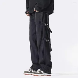 Men's Pants Side Buckle Design Long Stylish Mid-rise Cargo With Straight Wide For Long-lasting Boys