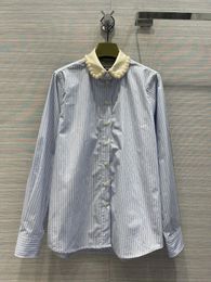 Women's Blouses Striped Shirt Heavy Craft Pearl Flower Detachable Design Casual Fashion 2023 Summer 0314
