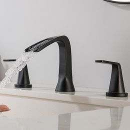 Bathroom Sink Faucets Black Lead Free Waterfall Faucet Basin Tap 304 Stainless Steel Dual Handles Bathtub Mixer 3 Holes Set