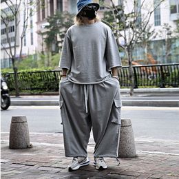 Men's Tracksuits Loose Large Size Casual Suit Solid Colour High Street Trend Wide Leg Pants Round Neck TShirt 230413