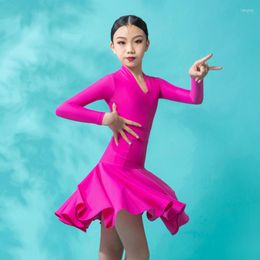 Stage Wear Latin Dance Competition Costume Autumn Long Sleeve Rose Red Leotard Skirt Outfit ChaCha Samba Dancing Performance YS2407